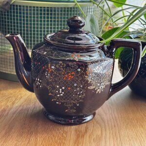 Moriage Style Ceramic Redware Teapot, Brown Flora, Vintage Pre-War Japan